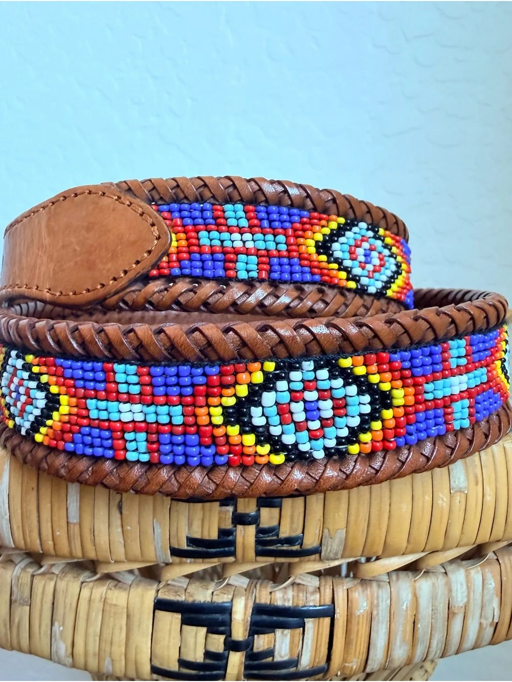 Handcrafted Brown Leather Belt with Multicolor Beaded Accent